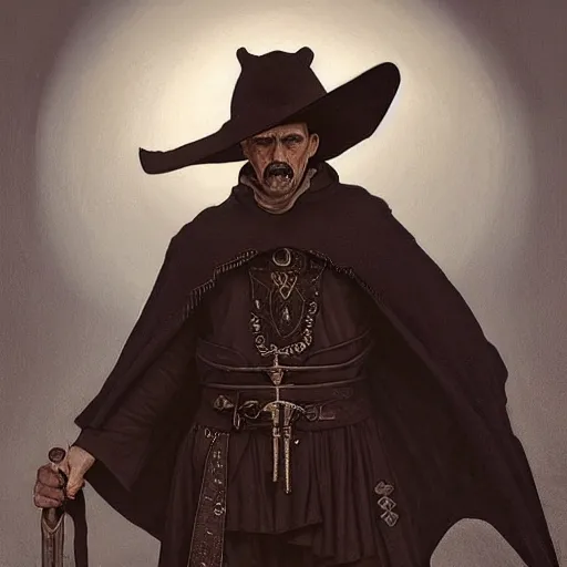 Prompt: “ a priest who looks similar to don quixote, dark clothes, man in black, southwestern apparel, d & d, fantasy, intricate, cinematic lighting, highly detailed, digital painting, artstation, concept art, smooth, sharp focus, illustration, art by artgerm and greg rutkowski and alphonse mucha ”