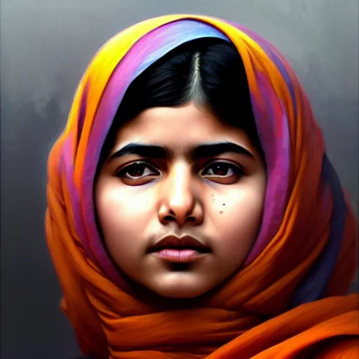 Prompt: Malala , colorful painting on grey scale face, powerful , magic, thunders, dramatic lighting, intricate, wild, highly detailed, digital painting, artstation, concept art, smooth, sharp focus, illustration, art by artgerm and greg rutkowski and alphonse mucha, footage