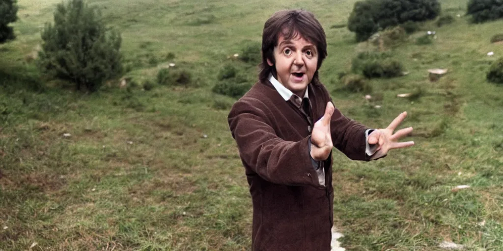 Prompt: A full color still of Paul McCartney dressed as a hobbit, holding his palm up, directed by Stanley Kubrick, 35mm, 1970