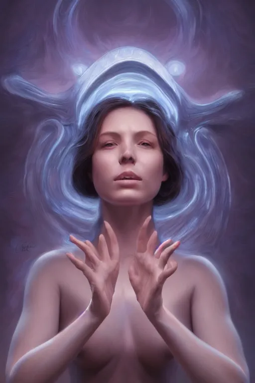 Image similar to an extremely high quality hd, a digital painting of a woman with her hands in the air, digital art by clint cearley, featured on zbrush central, metaphysical painting, lovecraftian, fractalism, cosmic horror, 8 k, ultra realistic, very realistic