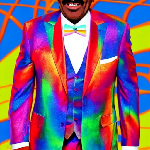 Image similar to Steve Harvey with a Rainbow Fish scale suit on