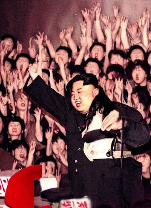 Image similar to “Long-haired Kim Jong-Un performing on a concert stage singing with a death metal band. Crowd of people watching. Spotlights, smoke. Photograph.”