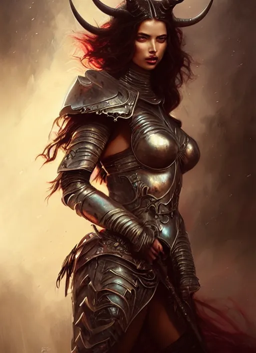 Prompt: a beautiful woman with horns and armor, victorian armor, adriana lima, painted by artgerm and tom bagshaw, fantasy art, dramatic lighting, highly detailed oil painting, volumetric lighting