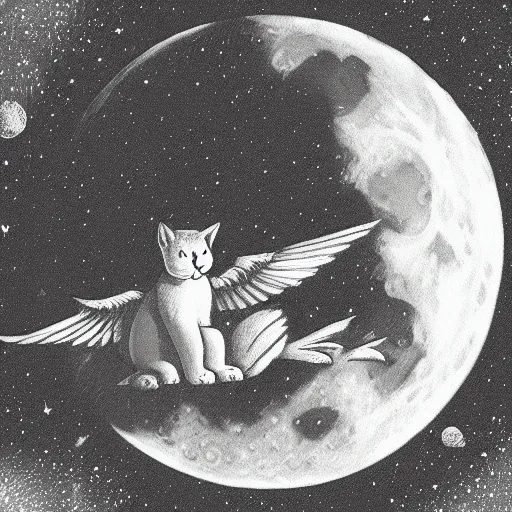 Image similar to 'a cat with two wings on the moon, highly details'