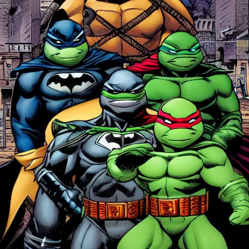 Image similar to ninja turtles fighting batman