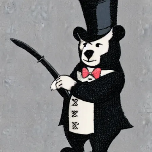 Prompt: bear with a sword and a tophat.