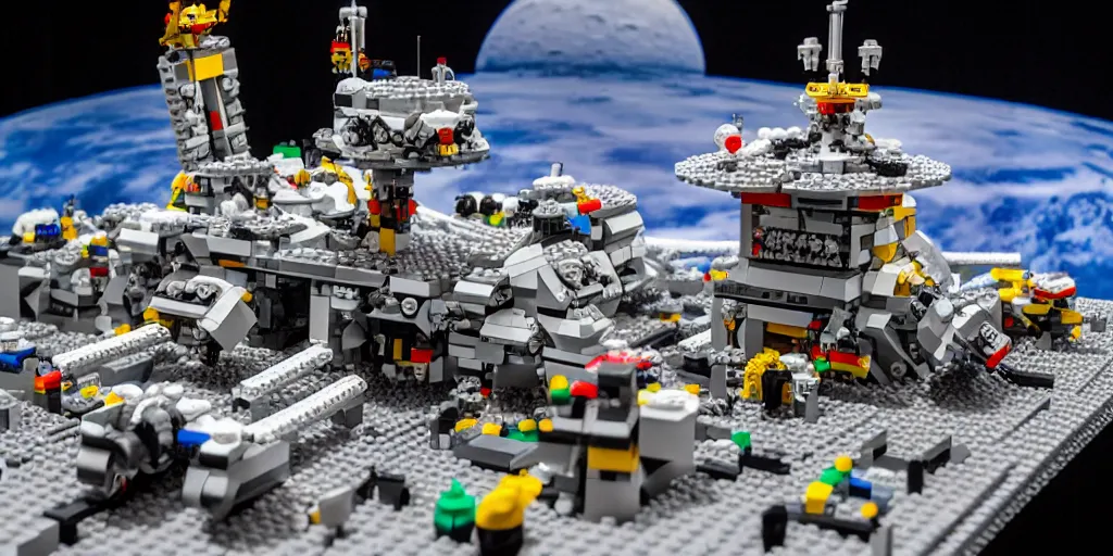 Prompt: wide shot lens photo of a very intricately detailed lego moonbase kit diorama designed by a master builder, with an epically shaped alien lego mothership ufo, lego rover, a moon buggy