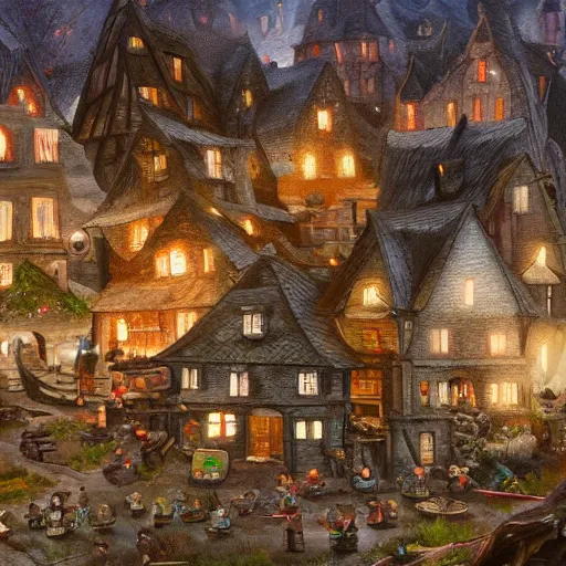 Prompt: the village of gremlins, oil painting, pale colors, high detail, 8 k, wide angle, trending on artstation,