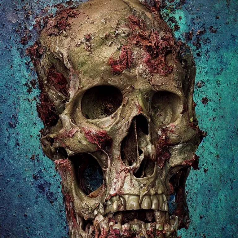 Prompt: A beautiful oil painting hyperrealism of a decayed zombie head, rotting clay skin, skull bones, veins of moss, 8k resolution, octane render, Trending on artstation, by Gediminas Pranckevicius, volumetric light 2blue fractal Thunder glow by dan mumford, anaglyph effect, Laurie Lipton