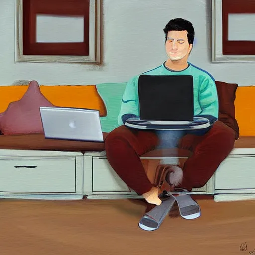 Prompt: a beautiful complex painting of an american man sitting in this couch using his laptop and he is very fat digital painting