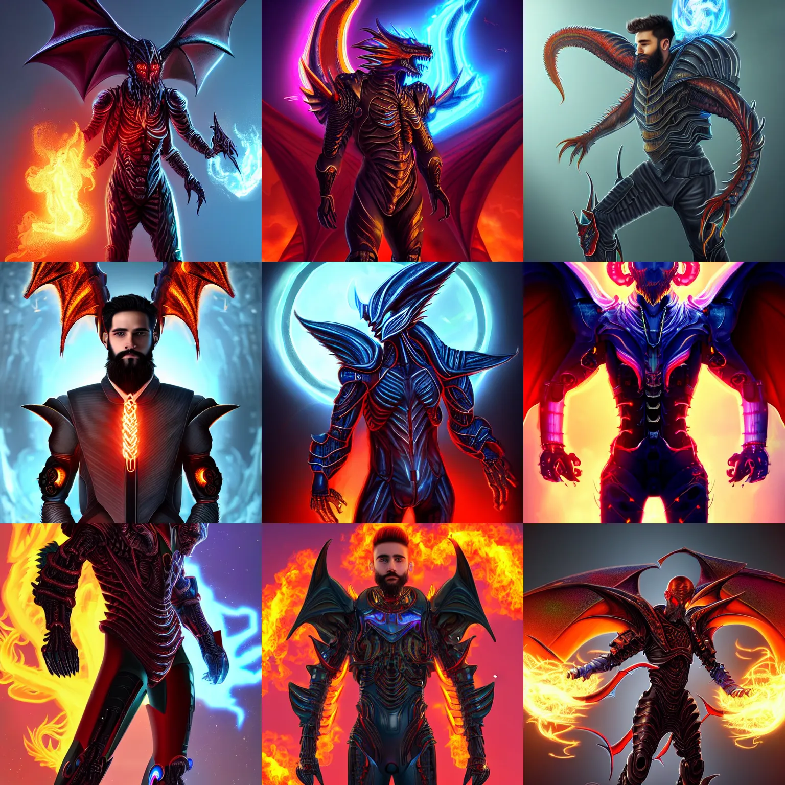 Prompt: young male cyborg with a well trimmed beard, dragon - inspired suit, dragon wings, dragon tail, wielding a fireball, digital art, alien, rich iridescent colors, d & d, very detailed, 8 k hd, futuristic