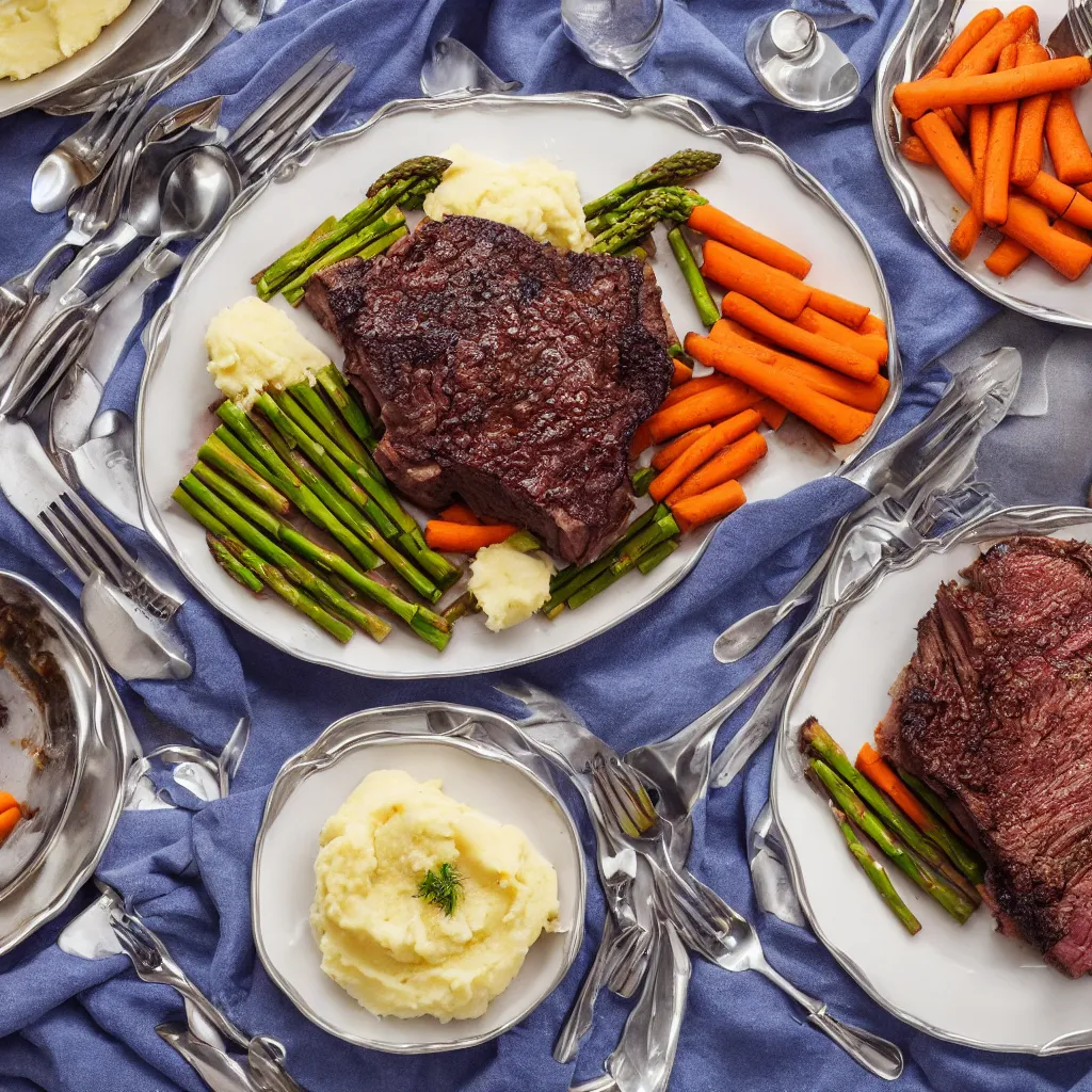 Image similar to macro chest - level shot of a single plate with prime rib, asparagus, mashed potatoes and gravy, and steamed carrots with blue table cloth and lit candles in ornate silver candlesticks, ultra - realistic, photo realism, professional photograph, extreme detail, deep focus, laser sharp, volumetric lighting, atmospheric, luxury, elite