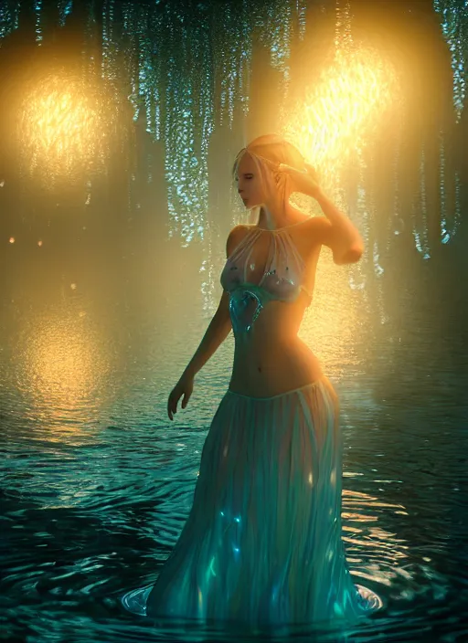 Image similar to beautiful water nymph, wearing magical dress, playing in a bioluminescent lagoon, magical moon shines overhead, floating lanterns emit warm glow, cinematic shot in the style of final fantasy, cinematic lighting, hyperdetailed, 8 k realistic, symmetrical, global illumination, mysterious light,, dof, trending on artstation, digital art, chanel