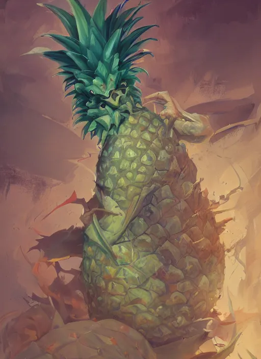 Image similar to semi reallistic gouache gesture painting, by yoshitaka amano, by ruan jia, by Conrad roset, by dofus online artists, detailed anime 3d render pineapple alien monster, pineapple terrible alien monster, antrophomorfic pineapple , portrait, cgsociety, artstation, rococo mechanical, Digital reality, sf5 ink style, dieselpunk atmosphere, gesture drawn