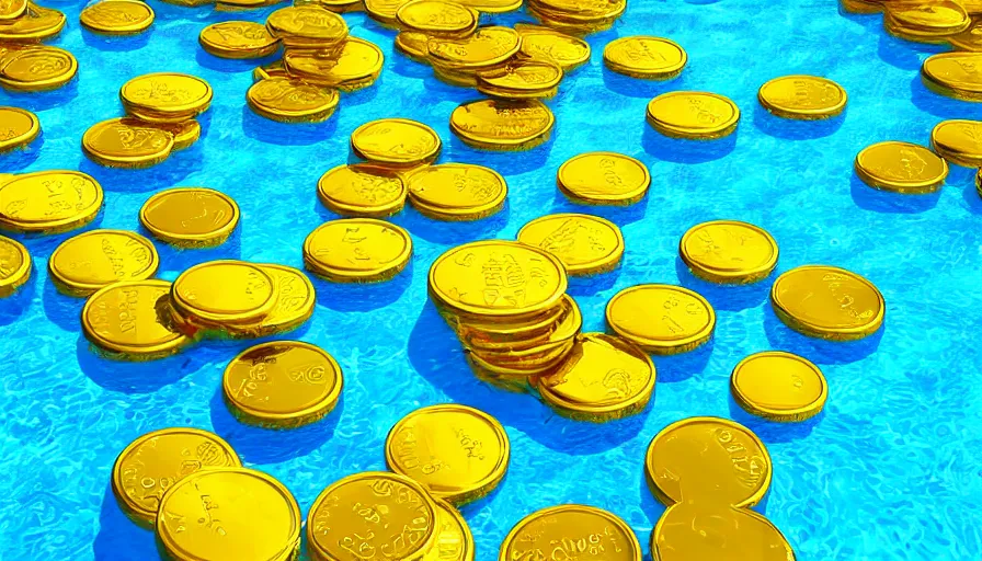 Image similar to a swimming pool full of gold coins, digital art, highly detailed, realistic, bright colors, 8 k