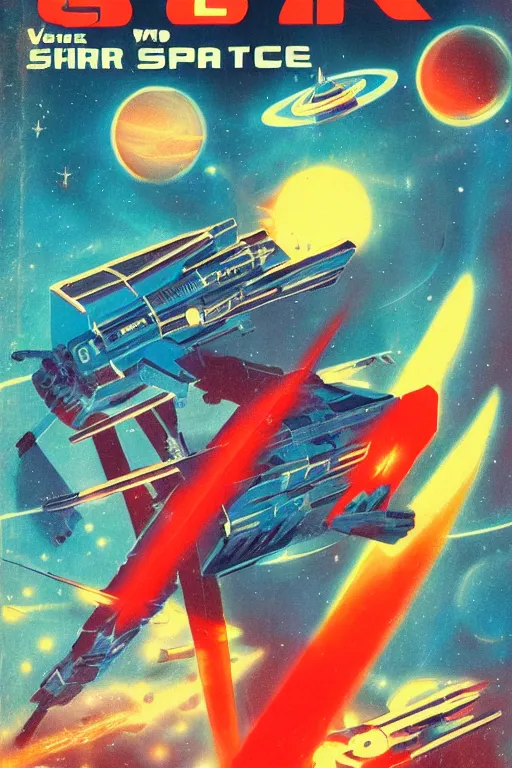 Prompt: vintage sci-fi book cover, depicting a space war, warm azure tones, highlights, laser beams, color bleed, film grain