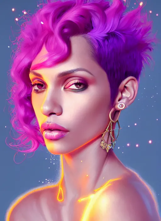 Image similar to portrait of vanessa morgan with bright pink hair, curly pixie cut hair, wearing a purple breton cap, breton cap, hoop earrings, intricate, elegant, glowing lights, highly detailed, digital painting, artstation, concept art, smooth, sharp focus, illustration, art by wlop, mars ravelo and greg rutkowski