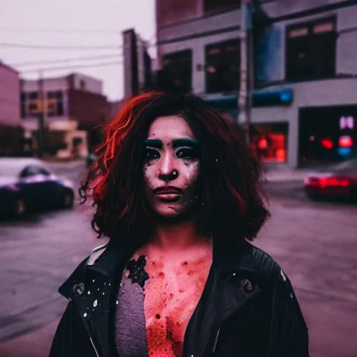 Prompt: Cinestill 50d candid photography of a city on fire, a techwear mixed woman wearing thick mascara and dark glitter makeup crying outside of a city on fire, tattoos, long shot, wide shot, full shot, blurry, 4k, 8k, hd, full color