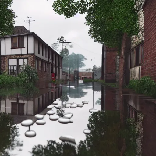 Image similar to still photo of rain puddles and reflections in a village, cloudy weather, highly detailed, photorealistic shot, bright studio setting, studio lighting, crisp quality and light reflections, unreal engine 5 quality render