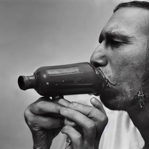 Prompt: a person drinking boiling oil, portrait photograph