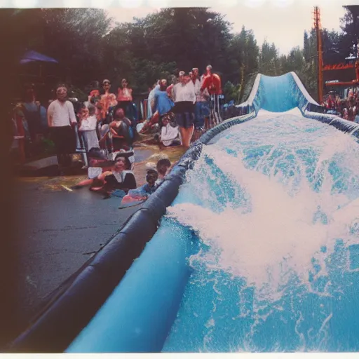 Image similar to 1 9 9 0 s polaroid photograph of a log flume going down a slide making a big splash, during the day, crowd of people getting splashed with water, weathered image artifacts