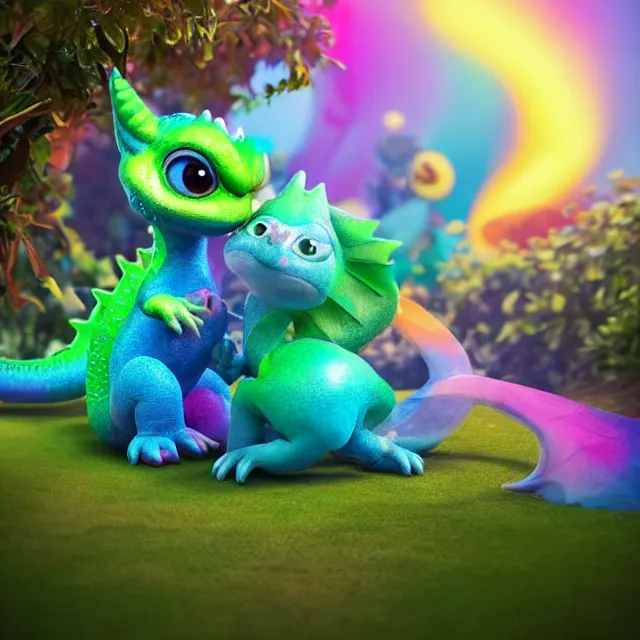 Image similar to a cute baby dragon, big eyes, pixar animation style, soft fur, by jeff koons, by lisa frank, octane render, by takashi murakami, toy, colorful, spectral color, 5 d, ultra - hd, happy, good, mini, volumetric lighting