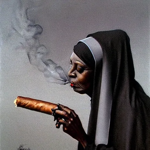 Image similar to a black nun wearing shiny jewelry, she's smoking a cigar and puffing smoke, by Beksinski