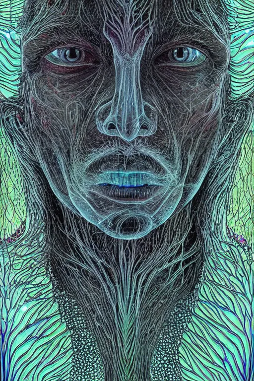 Image similar to beautiful dark portrait of one Bioluminescent old shaman, with cracked fractal semi-transparent skin. multicolored fish scales, closeup. long dark hair with insects and plant leaves. at night, realistic. intricate, very detailed, by alex grey and Moebius