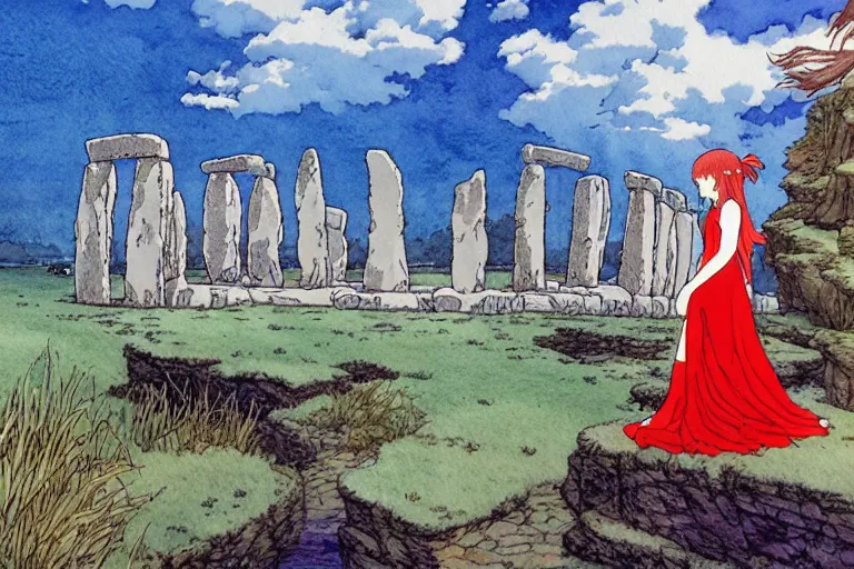 Prompt: a hyperrealist studio ghibli watercolor fantasy concept art. in the foreground is a lost princess in a red dress. in the background is stonehenge. the scene is underwater on the sea floor. by rebecca guay, michael kaluta, charles vess