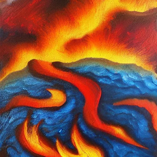 Image similar to landscape oil painting consisting of fire, earth, wind and water