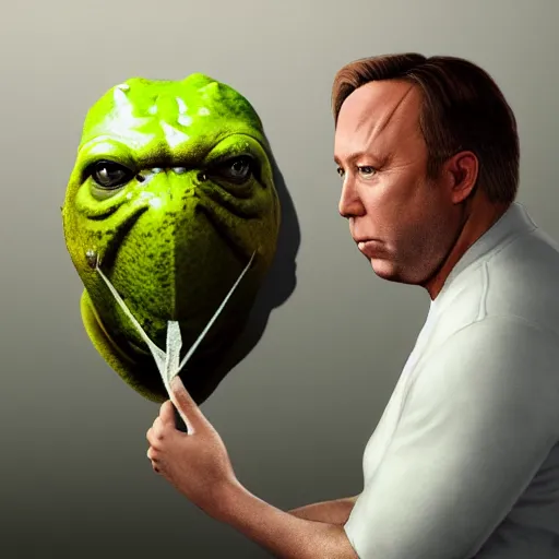 Prompt: hyperrealistic mixed media image of info wars alex jones with ( ( bullfrog face mask ) ), stunning 3 d render inspired art by xiang duan and thomas eakes and greg rutkowski, perfect facial symmetry, hyper realistic texture, realistic, highly detailed attributes and atmosphere, dim volumetric cinematic lighting, 8 k octane detailed render, post - processing, masterpiece,
