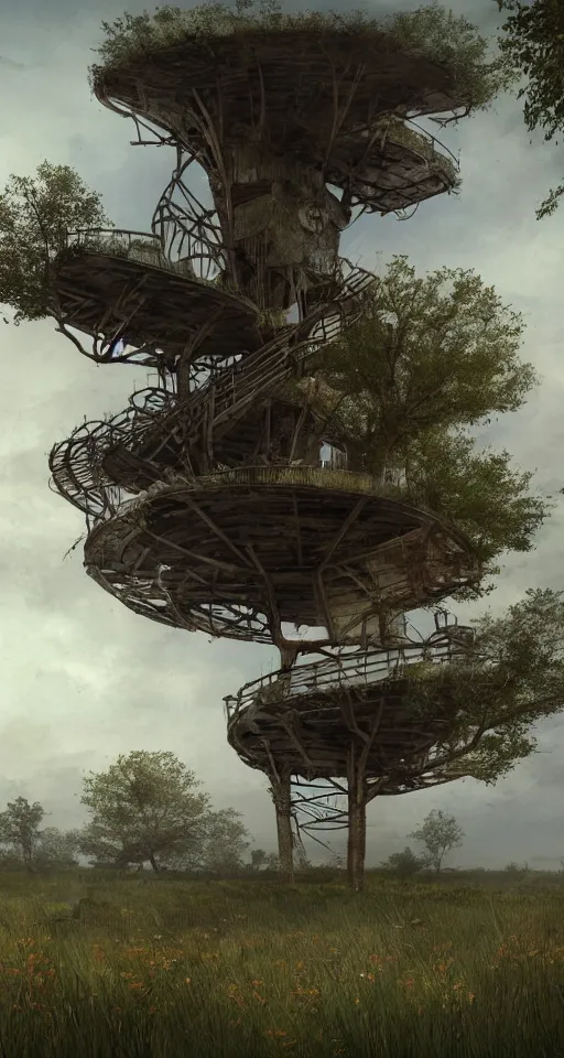 Image similar to tree - house on a rusty broken building constructions of a giant spiral upside - down staircase for multiple cases, leading to the sky, the ruins, in the steppe, summer field, misty background, from the game pathologic 2, highly detailed, sharp focus, matte painting, by isaac levitan and asher brown durand,