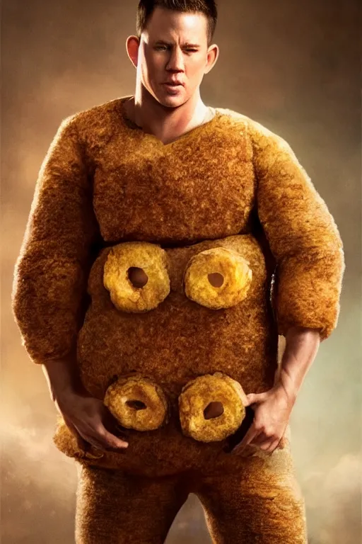 Image similar to channing tatum wearing a tater tot costume, oil on canvas, intricate, 8 k highly professionally detailed, hdr, cgsociety