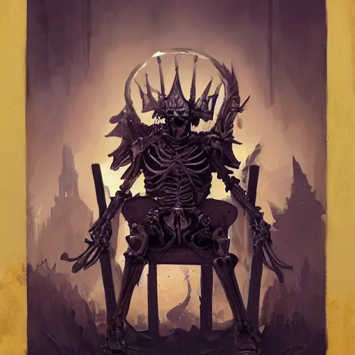 Prompt: Skeleton King, armour, resting on his throne, oil painting, by Fernanda Suarez and Greg Rutkowski