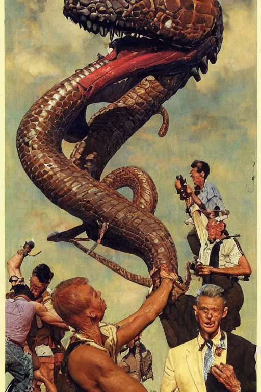 Prompt: giant serpent with human head, norman rockwell, jacob collins, tom lovell, frank schoonover, james gurney