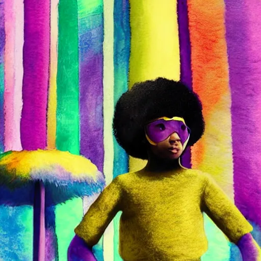 Prompt: a black girl with a colorful afro and rainbow eyes, dressed like a superhero in the city, bokeh, bright colours, watercolor, volumetric wool felting, macro photography, children illustration, by goro fujita