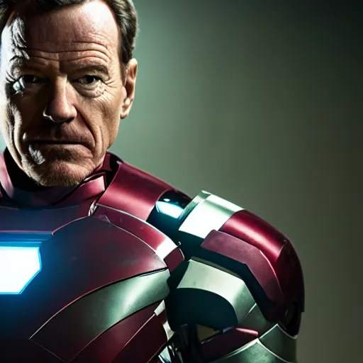 Image similar to bryan cranston wearing iron man armour, cinematic lighting, hd 4k photo