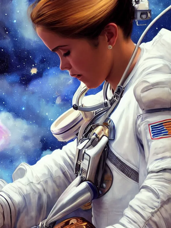 Image similar to Jô Soares, wearing a astronaut suit, playing bongo, heavenly nebula clouds background, close-up shot, elegant, digital painting, cinematic, epic, trending on artstation, concept art, smooth, sharp focus, illustration, art by artgerm and Greg Rutkowski and Alphonse Mucha