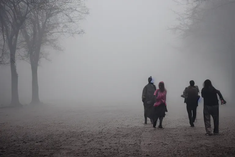 Prompt: photo of people being lured in the mist by sirenhead, eerie atmosphere, fear, mystery, dramatic, 8 k uhd