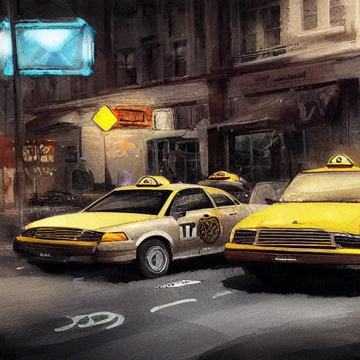 Image similar to a couple of taxis waiting for gas by greg rutkowski