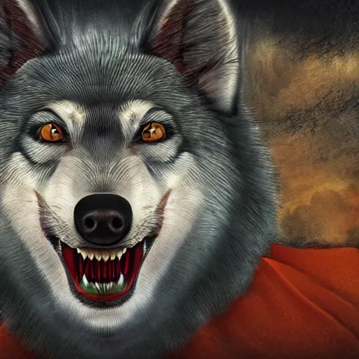 Image similar to ugly portrait of retarded wolf, eyes in different directions, rabies, big teeth, propaganda style, vivid colors