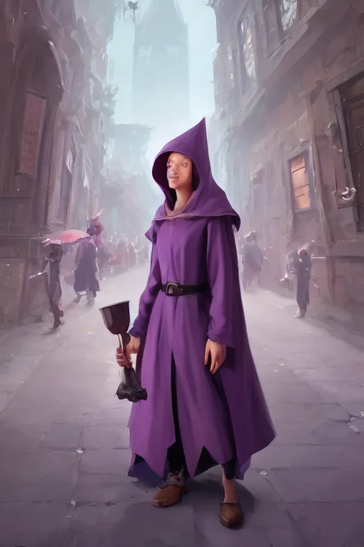 Image similar to Young beautiful short woman in form fitting slim purple witch robes and pointy hat at a crowded magical university, full body shot unreal engine hyperreallistic render 8k character concept art masterpiece digital art by Greg Rutkowski, Simon Stalenhag, trending on Artstation, CGSociety