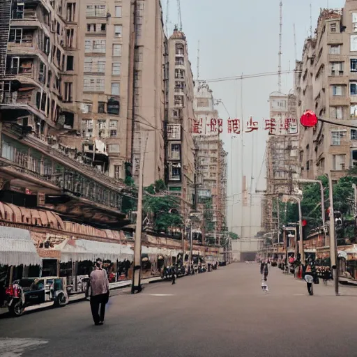 Image similar to Wes Anderson film style in ShangHai city, sharp focus , wideshot