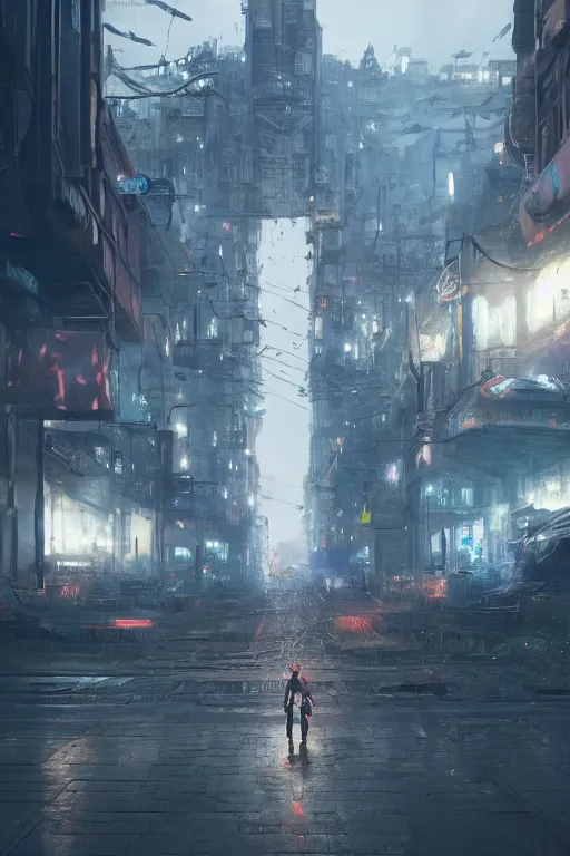 Image similar to a portrait of a small cyborg standing in the middle foreground walking in the street of a great mechanical city by Greg Rutkowski, Sung Choi, Mitchell Mohrhauser, Maciej Kuciara, Johnson Ting, Maxim Verehin, Peter Konig, final fantasy , mythical, 8k photorealistic, cinematic lighting, HD, high details, atmospheric,