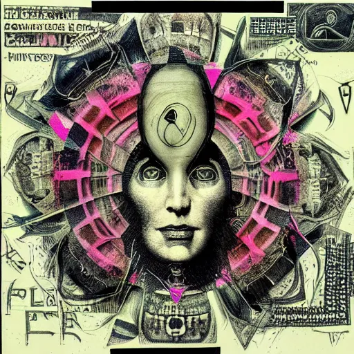 Image similar to post - punk new age album cover, asymmetrical design, dollar bank notes, capitalism, magic, apocalypse, psychedelic, black white pink, magic, giger h. r., giuseppe arcimboldo