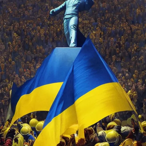 Prompt: a crowd of people with blue and yellow ukrainian flags overthrow and bring down the statue of vladimir lenin, photorealistic, highly detailed, artstation, smooth, sharp focus, art by michael whelan, artgerm, greg rutkowski and alphonse mucha