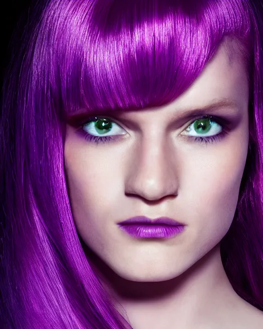 Image similar to dramatically - lit closeup portrait photograph of daphne from the scooby - doo live - action film ( 2 0 0 2 ), sharp details, vignette, high saturation, smooth textured skin, subsurface scattering, purple outfit, photograph by mark mann and martin schoeller and annie leibovitz, 4 k, soft focus, centered, symmetrical