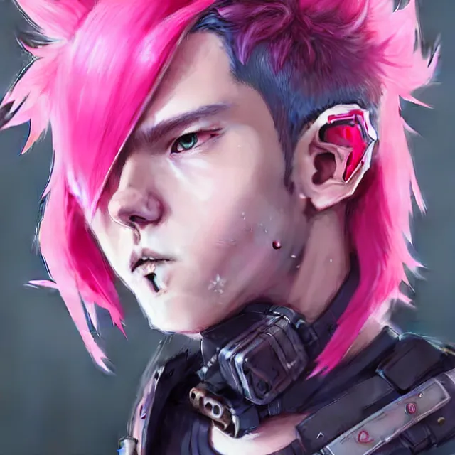 Prompt: character concept art of a cyberpunk boy with pink hair and pink wolf ears and freckles | | cute - fine - face, pretty face, key visual, realistic shaded perfect face, fine details by stanley artgerm lau, wlop, rossdraws, james jean, andrei riabovitchev, marc simonetti, and sakimichan, trending on artstation