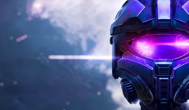 Prompt: cyberpunk halo helmet purple star visor floating in space with reflections, epic, dramatic, photorealistic, award winning, 8k,