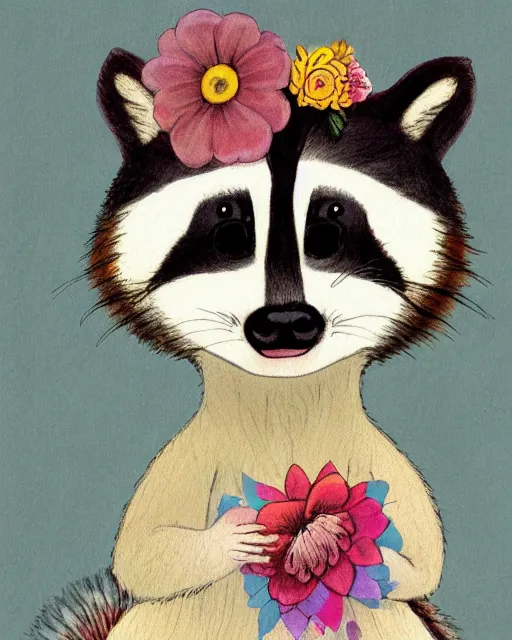 Image similar to a watecolor painting of a smiling happy cute raccoon wearing a flower crown, by antoine de saint - exupery and annabel kidston and naomi okubo and jean - baptiste monge. a child storybook illustration, muted colors, soft colors, low saturation, fine lines, white paper